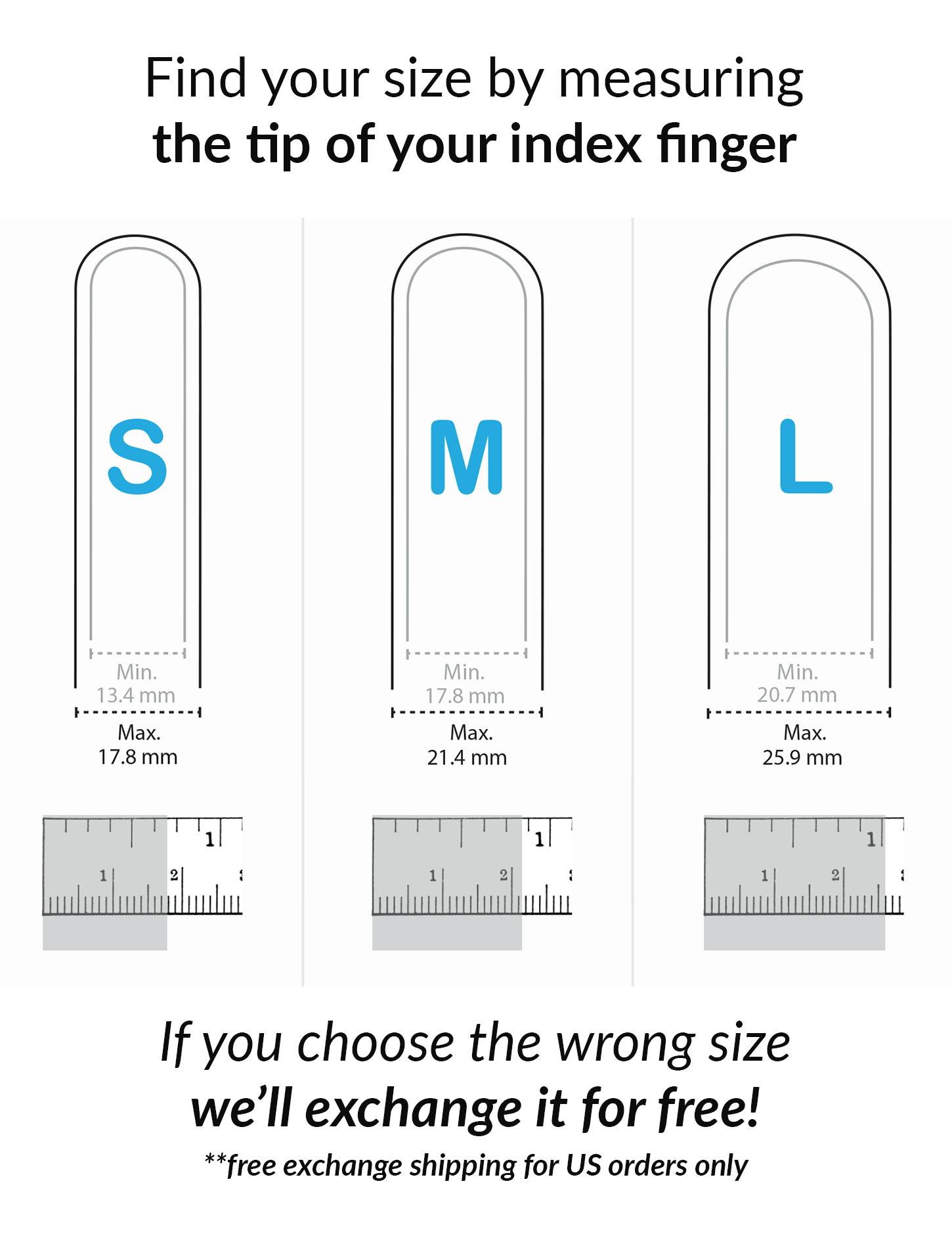 Finger size chart for MusicGlove showing small, medium, and large and free exchange policy