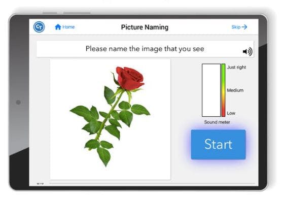 tablet screen with "Picture Naming" exercise with an image of a rose