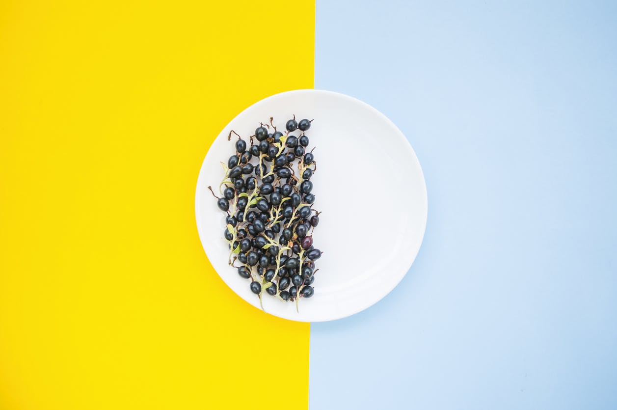 Fresh blackberries on clear white plate on pastel blue and yellow background, half the plate is empty.