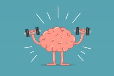 cartoon drawing of a brain lifting weights to represent improved brain function