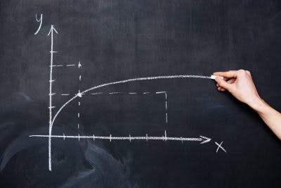 person drawing a flattening line with chalk on chalkboard