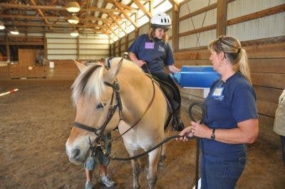 physical therapist guiding hippotherapy session