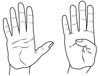 Croquis de l'art des exercices de la main avec le pouce tendu sur le côté et croisé