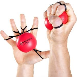 hand holding a stress ball with looks for the fingers, stretching the loops during finger extension