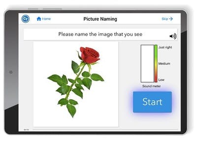 屏幕上带有 CT 言语和认知治疗的平板电脑，在“图片命名”练习中显示玫瑰照片