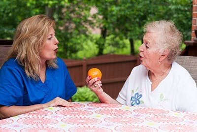 speech language pathologist helping survivor after sustaining a lacunar infarct